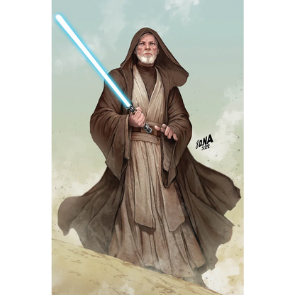 Old Obi-Wan Kenobi in brown robe holding blue lightsaber from Star Wars comic art