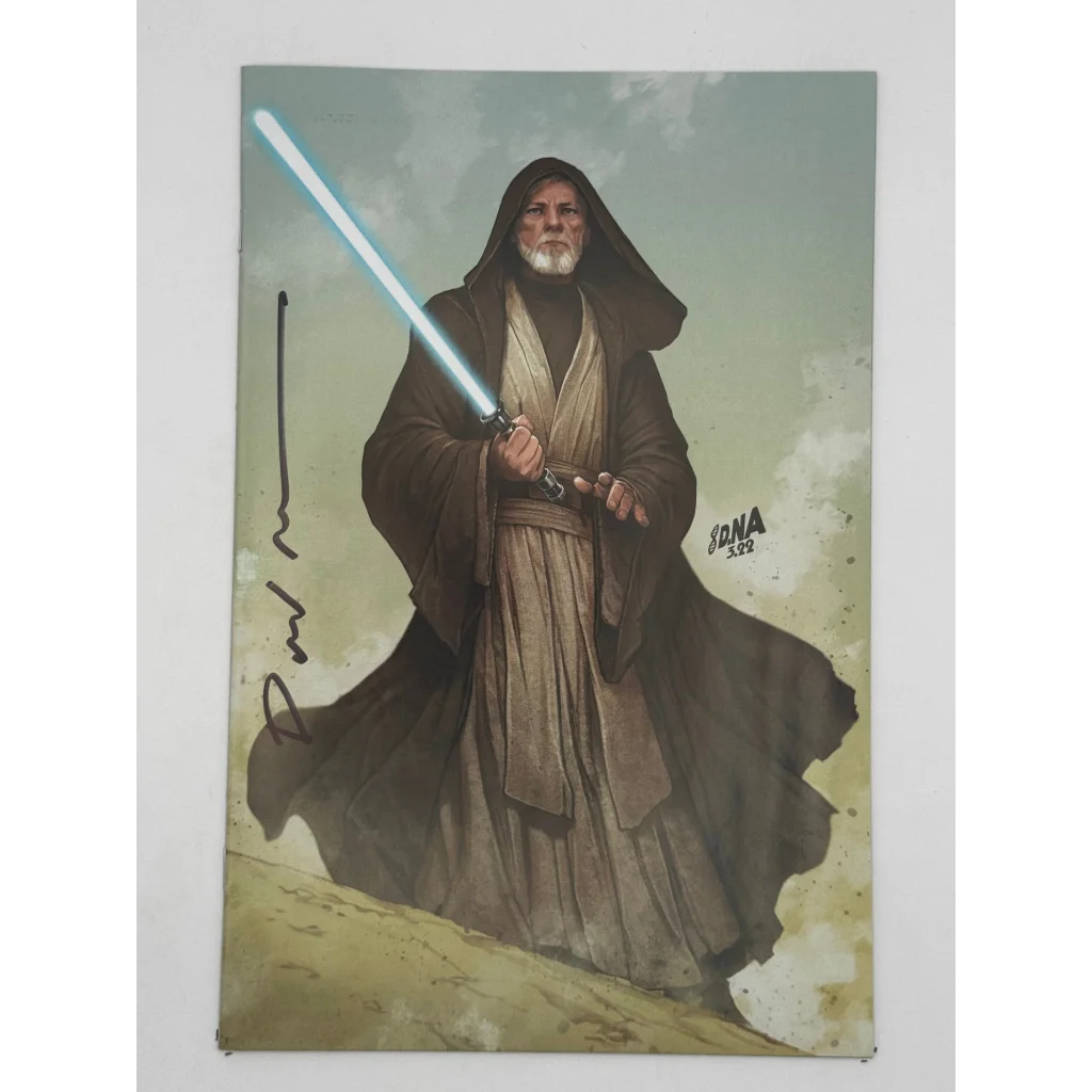 Autographed Star Wars Obi-Wan Kenobi comic cover art by David Nakayama with blue lightsaber