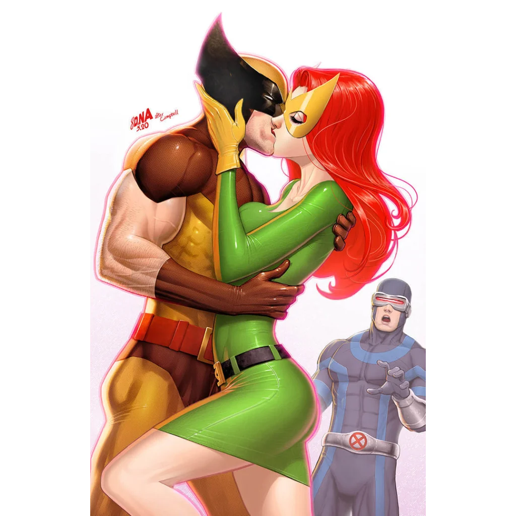 Wolverine and Jean Grey kissing with Cyclops shocked on the Unknown Comics David Nakayama cover