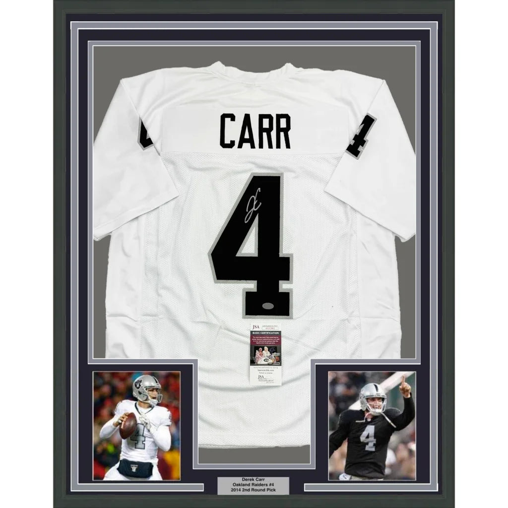 Framed signed Derek Carr Raiders jersey with player photos ready to hang