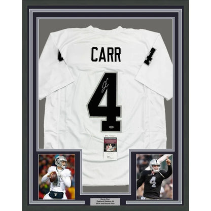 Framed signed Derek Carr Raiders jersey with player photos ready to hang