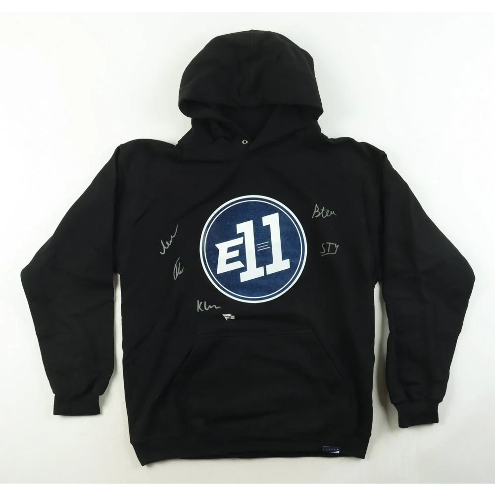 Black hooded sweatshirt with a blue and white E11 logo and Fanatics hologram
