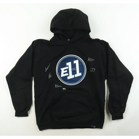 Black hooded sweatshirt with a blue and white E11 logo and Fanatics hologram