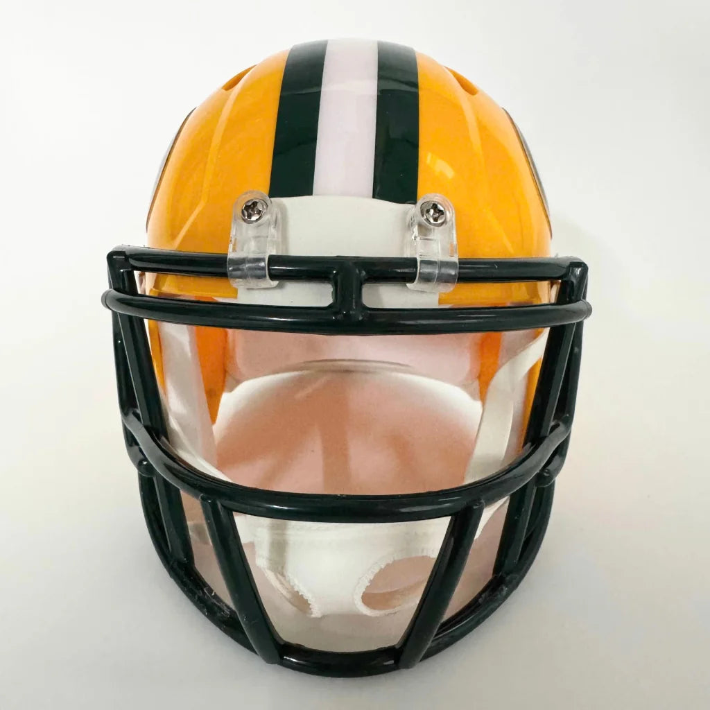 Yellow Green Bay Packers mini helmet with dark green and white stripes and black face mask