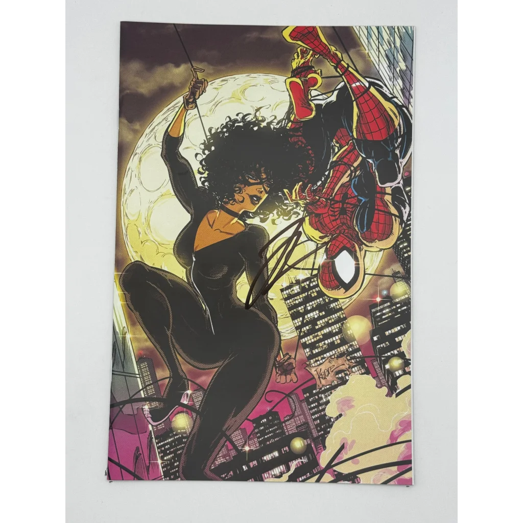 Comic book cover with Spider-Man and a female in a black catsuit, art by Marco Checchetto