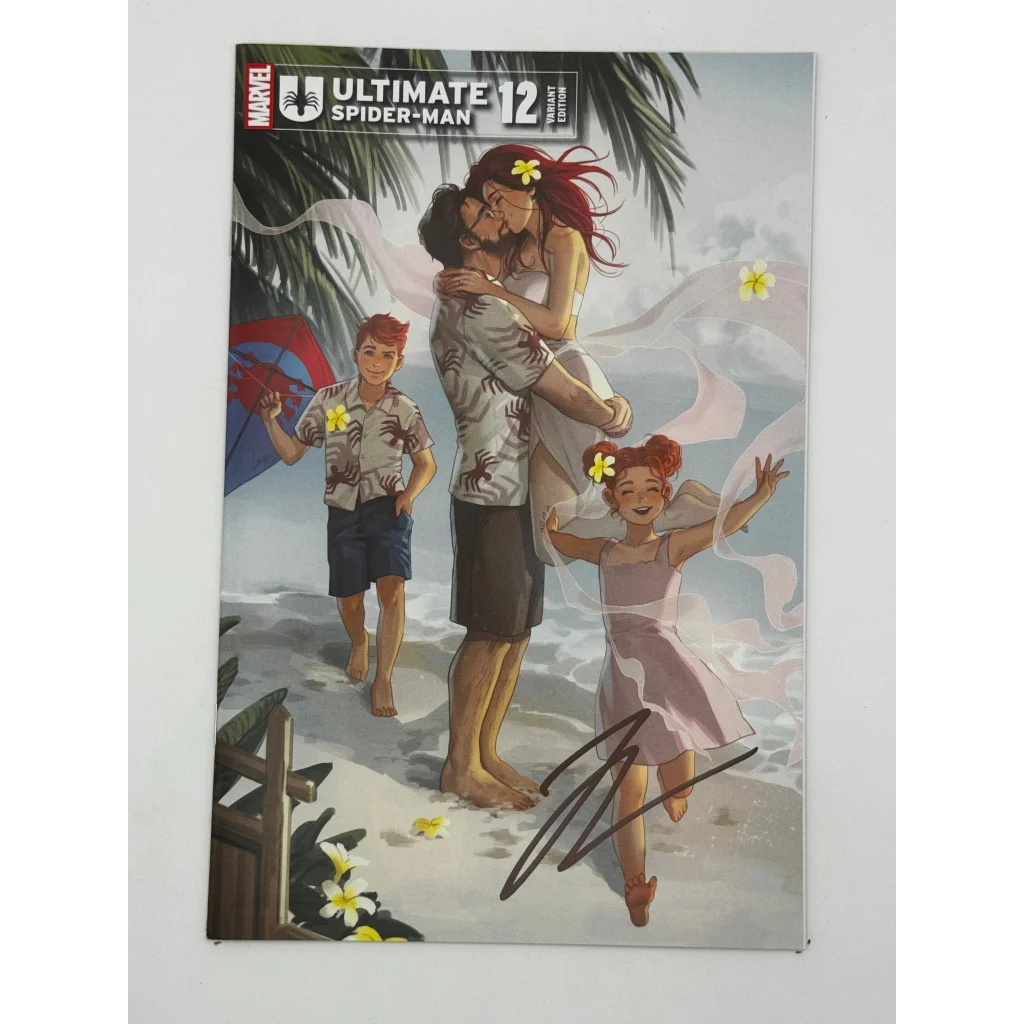 Signed Ultimate Spider-Man comic with romantic beach scene cover by Jonathan Hickman and Marco Checchetto