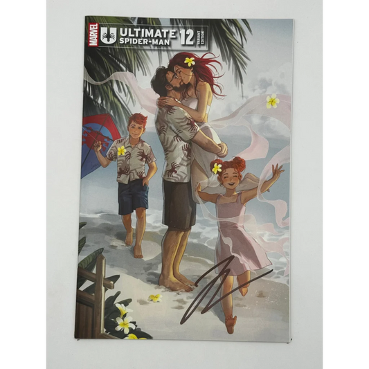Signed Ultimate Spider-Man comic with romantic beach scene cover by Jonathan Hickman and Marco Checchetto