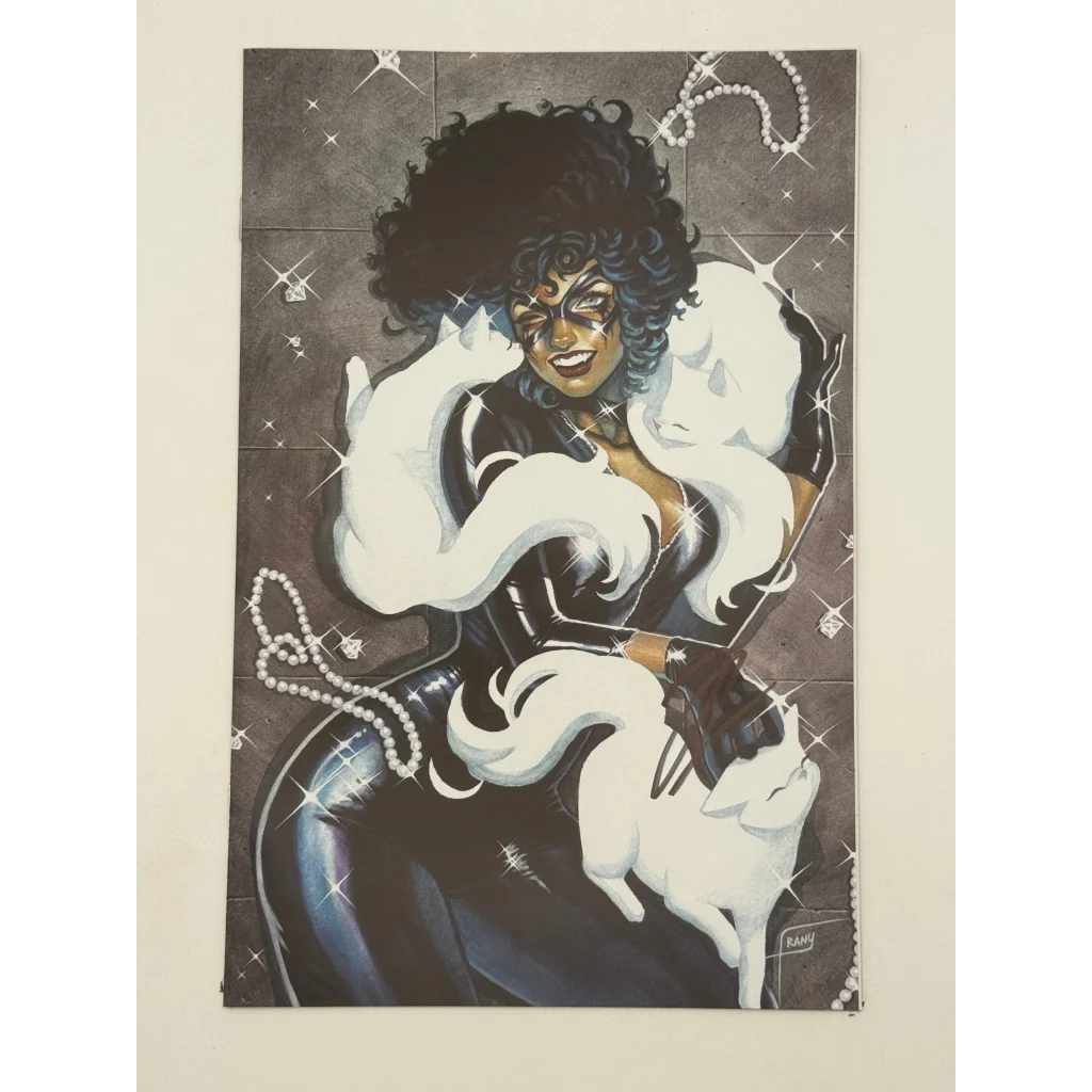 Vibrant Jonathan Hickman Catwoman comic art with white cats, inspired by Marco Checchetto