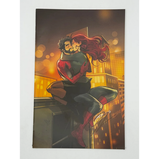 Colorful Ultimate Spider-Man comic cover with two characters hugging on a rooftop, signed by Jonathan Hickman