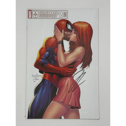Signed Ultimate Spider-Man comic book cover with Spider-Man and Mary Jane kissing by Jonathan Hickman
