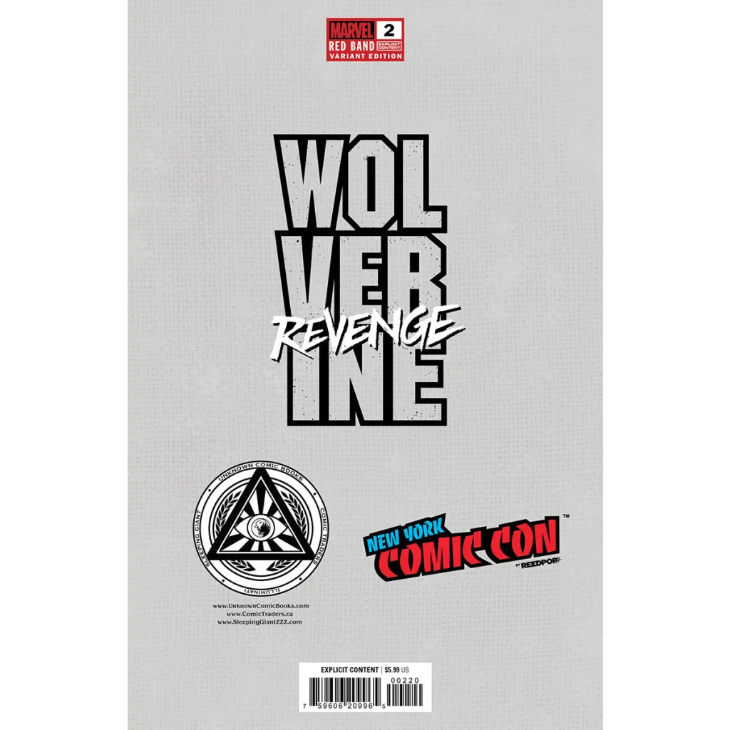 Comic book with gray cover featuring WOLVERINE REVENGE in bold black and white, Kirkham exclusive red band comics