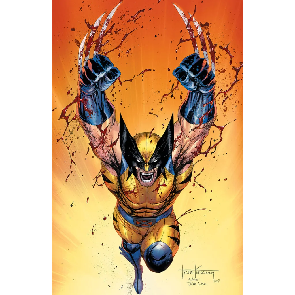 Comic book illustration of Wolverine with claws and blood splatter from Kirkham exclusive Red Band