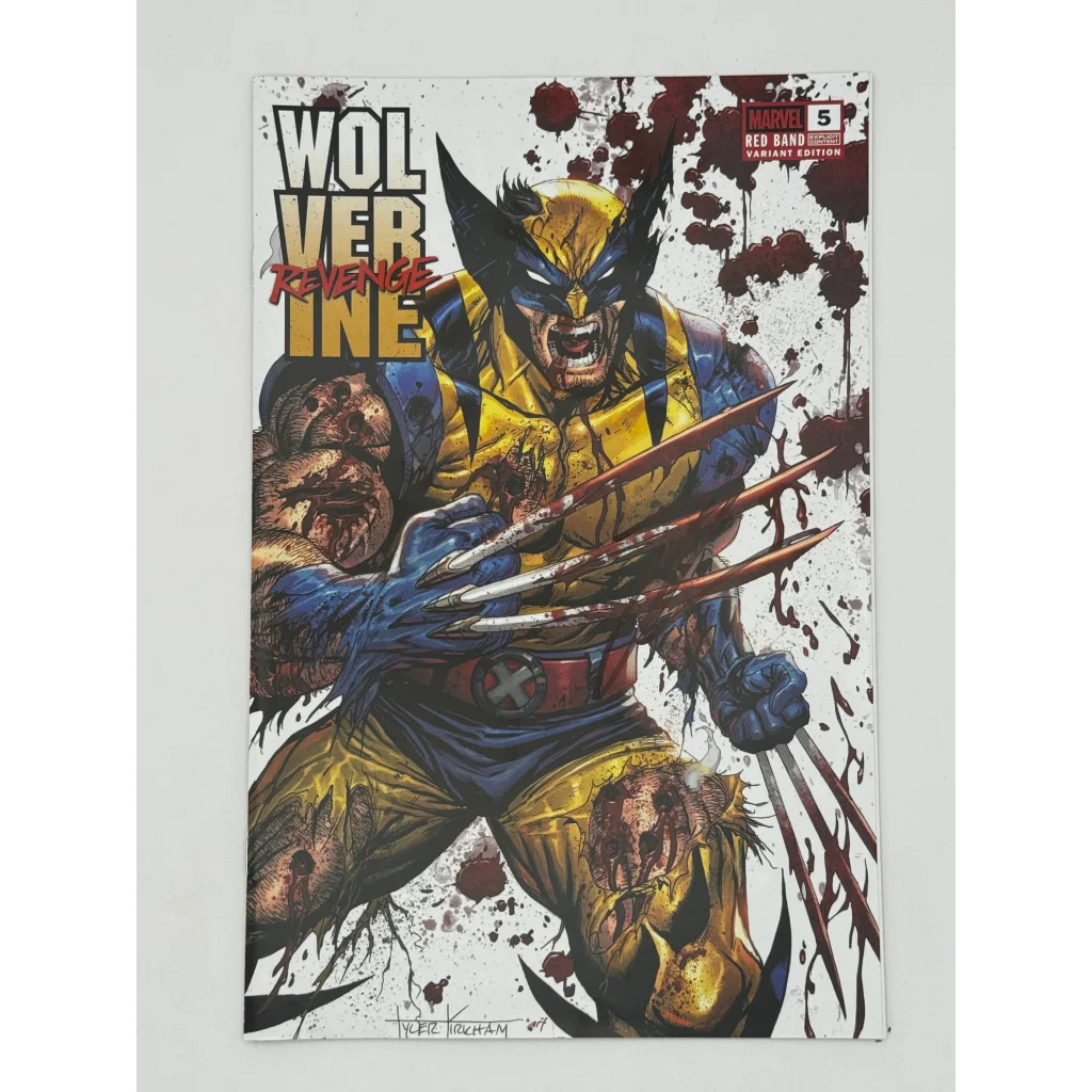 Blood-splattered Wolverine comic book featuring Hickman Wolverine Revenge Red variant artwork