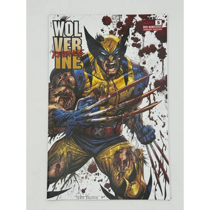 Blood-splattered Wolverine comic book featuring Hickman Wolverine Revenge Red variant artwork