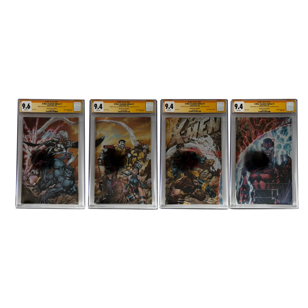 Four CGC graded Jim Lee X-Men facsimile edition comic covers in sleeves