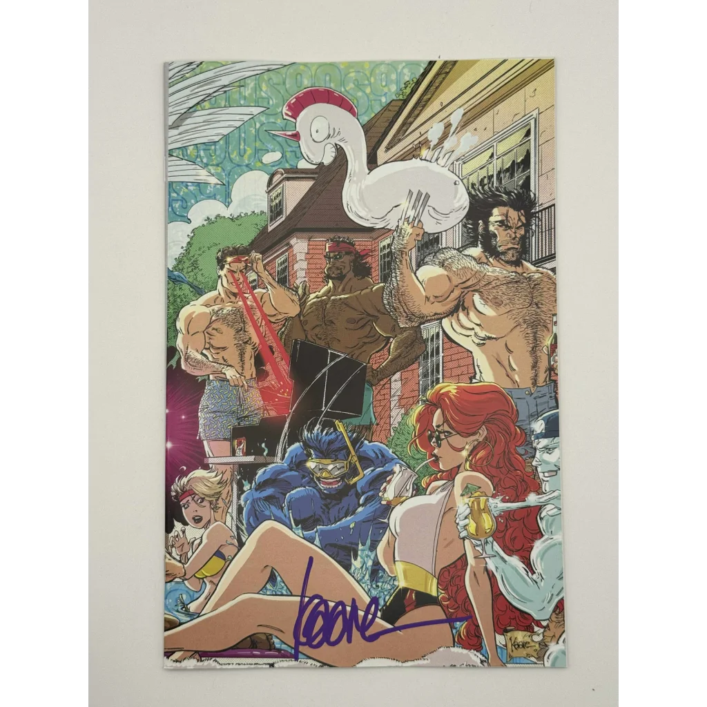 Signed comic book cover art with superheroes and a big chicken from Kaare Andrews