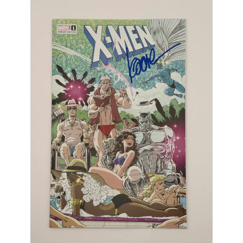 Signed X-Men comic by Kaare Andrews featuring characters in swim attire, exclusive edition