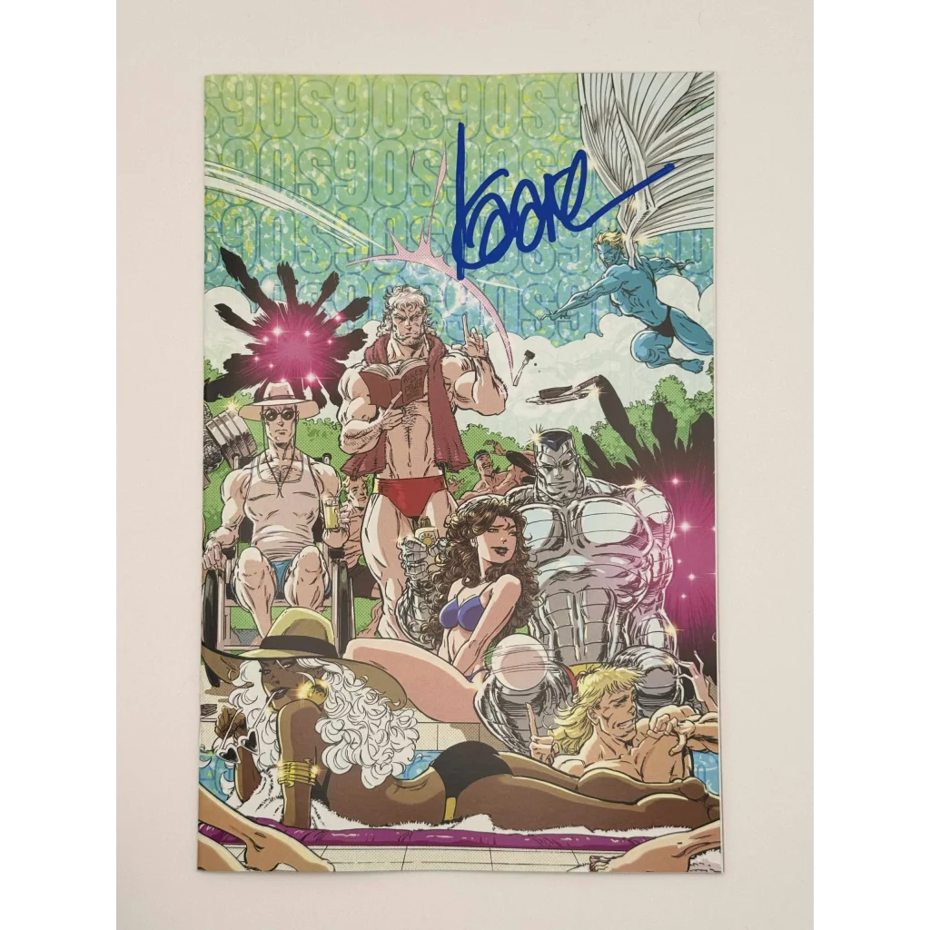 Signed comic cover by Kaare Andrews featuring multiple characters in a pool scene