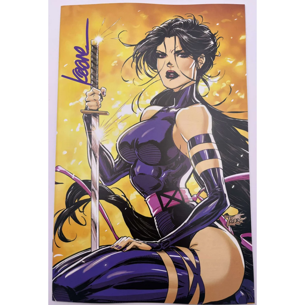 Comic book cover featuring Psylocke in purple costume holding sword, Kaare Andrews exclusive
