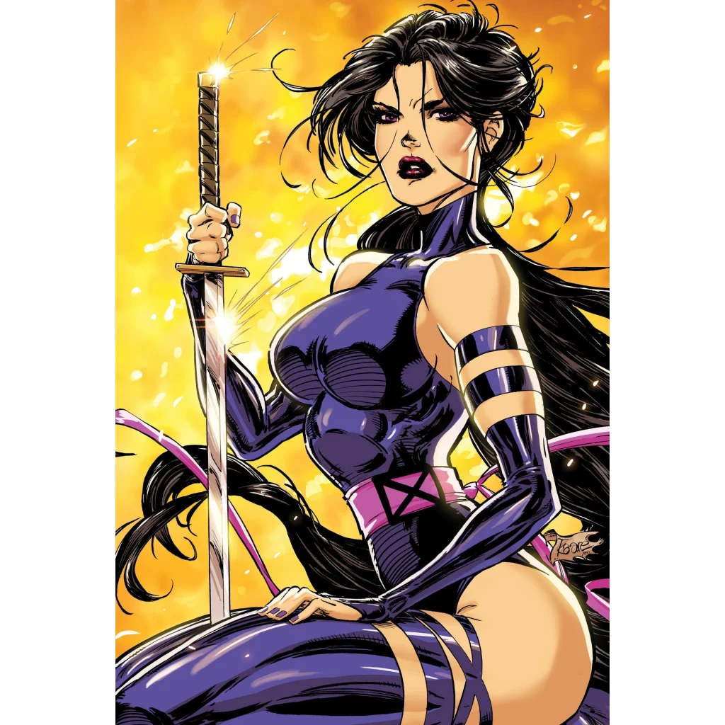 Purple-clad female comic hero with shining katana from Kaare Andrews Exclusive Psylocke cover