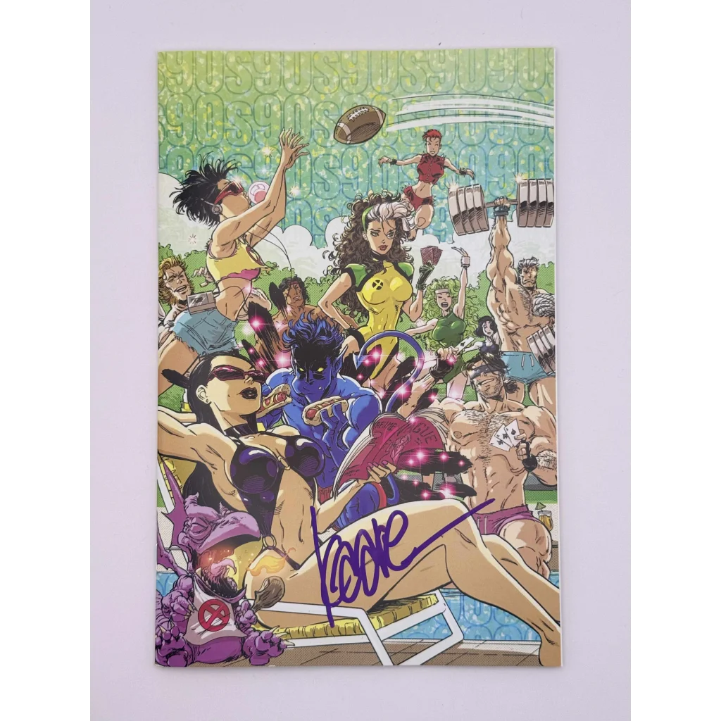 Signed Kaare Andrews X-Men comic with colorful pool party illustration, exclusive comics kaare