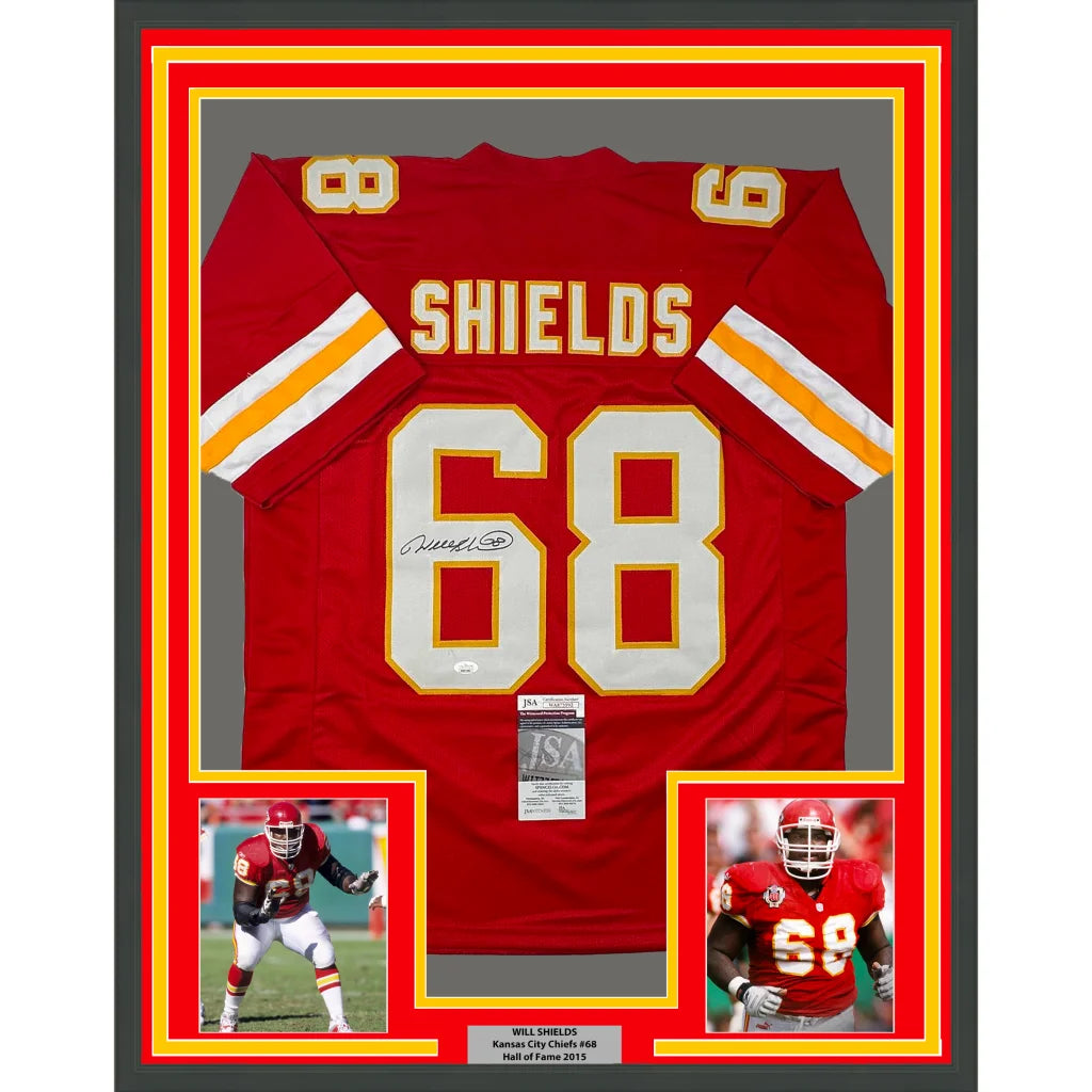 Framed signed Kansas City Chiefs red jersey with white and yellow accents