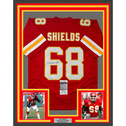 Framed signed Kansas City Chiefs red jersey with white and yellow accents