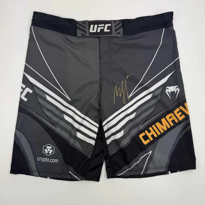Signed Khamzat Chimaev black gray UFC MMA shorts with logo