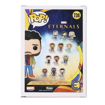 Back of Marvel Eternals Ikaris Funko Pop box with other figures, vinyl figure kit Harington