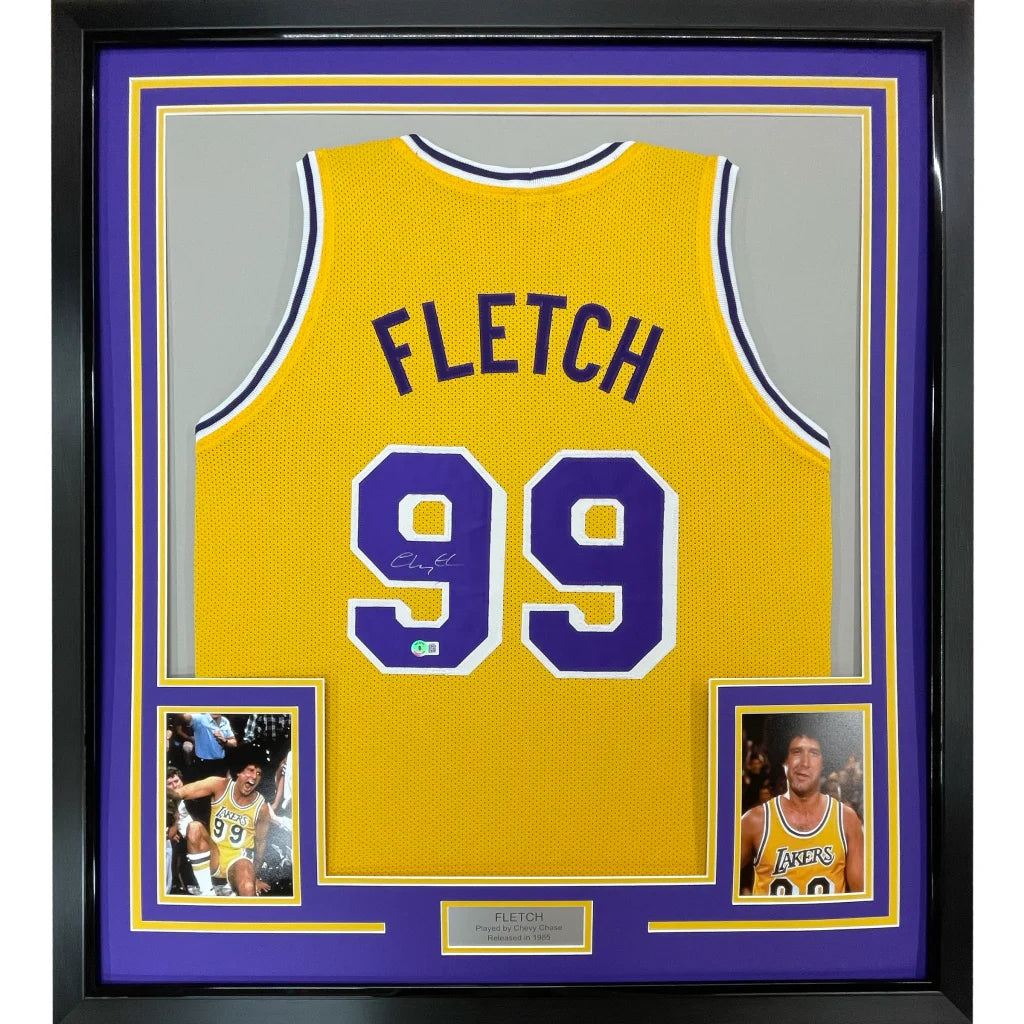 Framed yellow Lakers jersey with FLETCH 99 signature perfect for your man cave