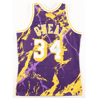 Purple and yellow signed Lakers jersey Shaquille O’Neal collectible with autograph