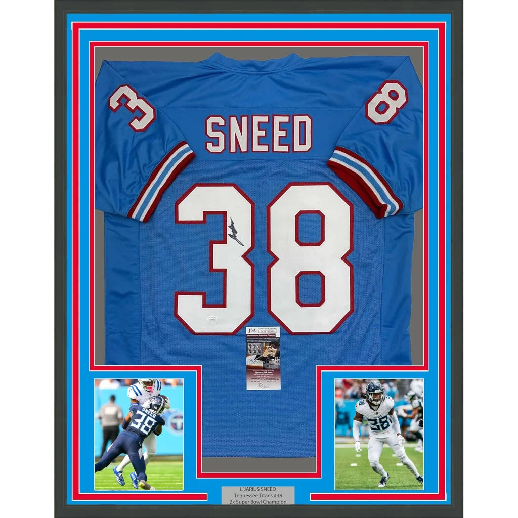 Framed light blue Chiefs jersey with SNEED 38 autograph and action photos ready to hang