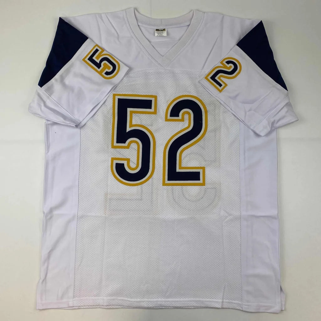 White custom sports jersey with navy and gold 52 number for sports league fans