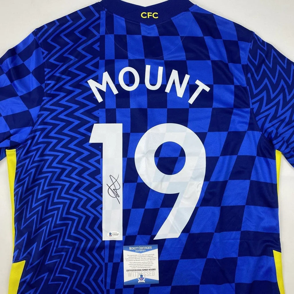 Signed Mason Mount Chelsea jersey, blue white checkered, number 19