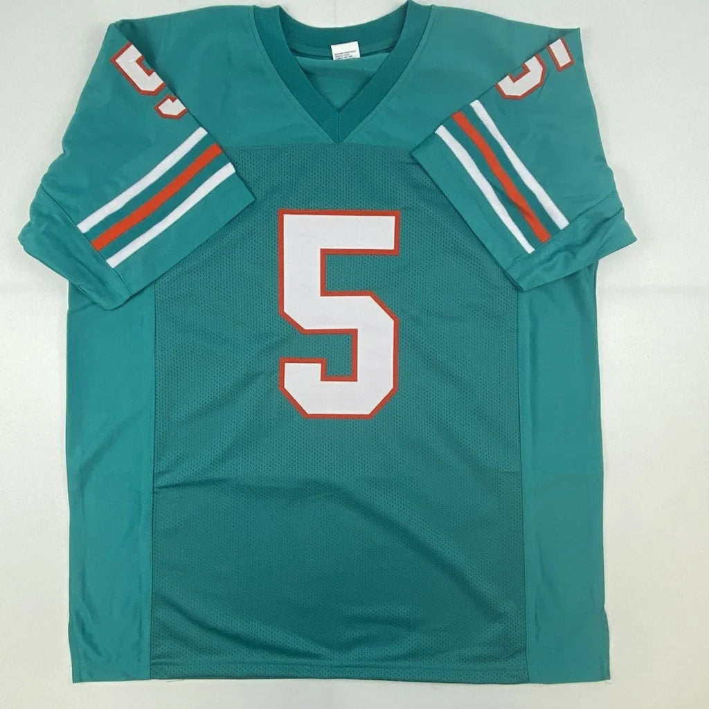 Teal Miami Dolphins custom jersey with number 5, orange stripes, made of polyester mesh