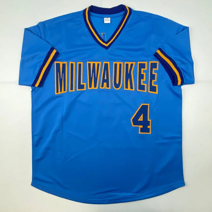 Blue Gold Custom Milwaukee Jersey Number 4 Signed Molitor