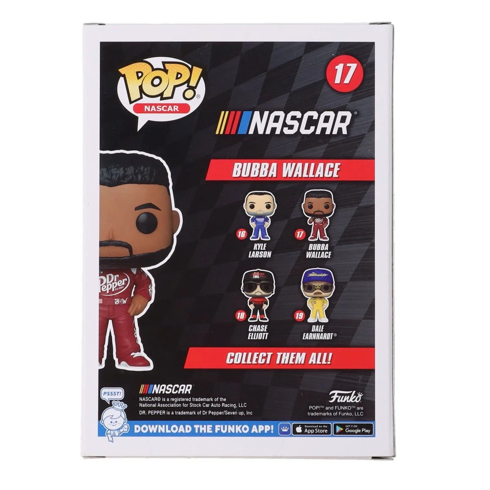 Signed NASCAR Bubba Wallace Funko Pop collectible figure in packaging for fans