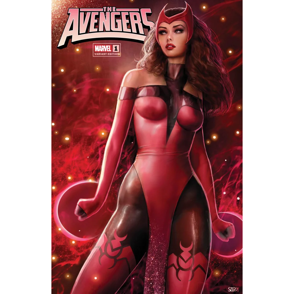 Comic book cover featuring Scarlet Witch from Jed MacKay Avengers by Nathan Szerdy