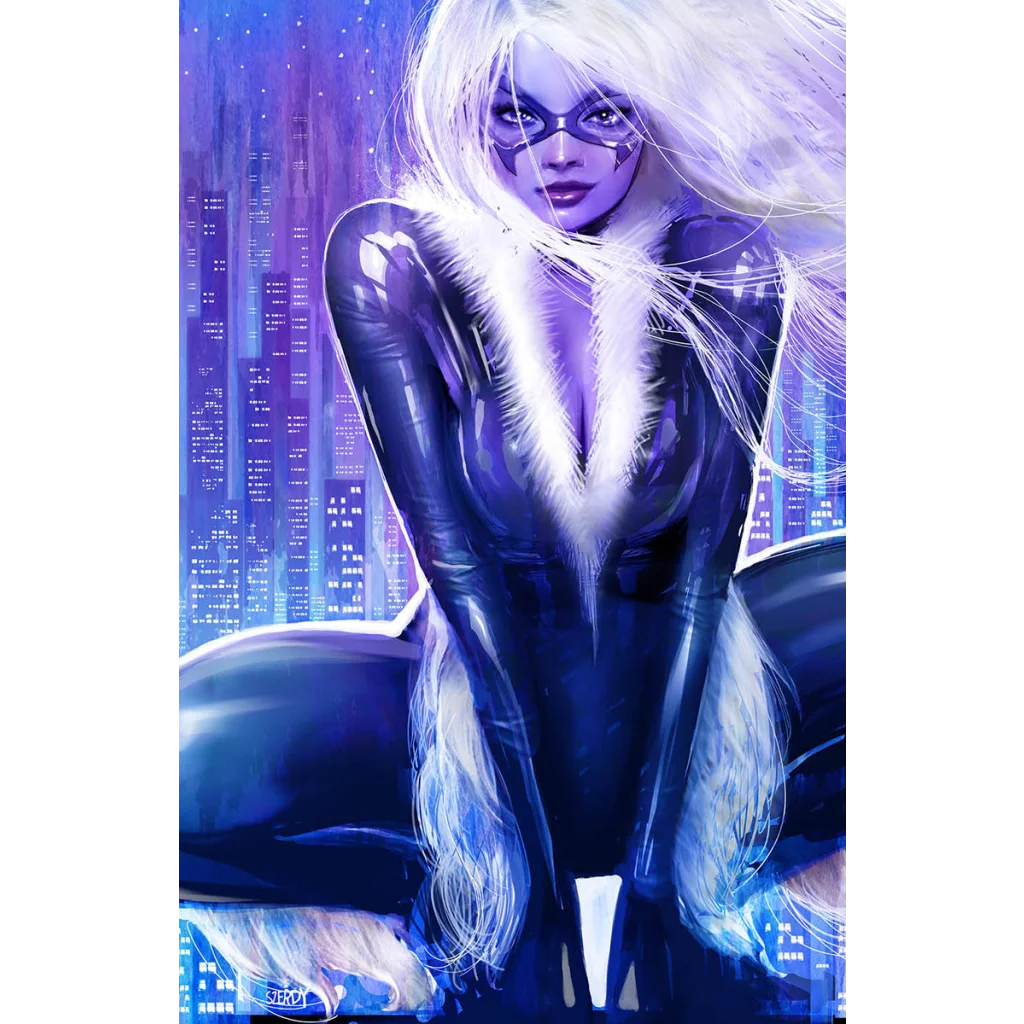 Woman in black catsuit with white fur trim and eye mask on Signed Nathan Szerdy comic cover