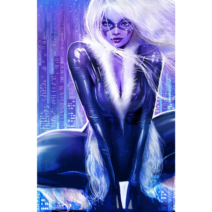 Woman in black catsuit with white fur trim and eye mask on Signed Nathan Szerdy comic cover
