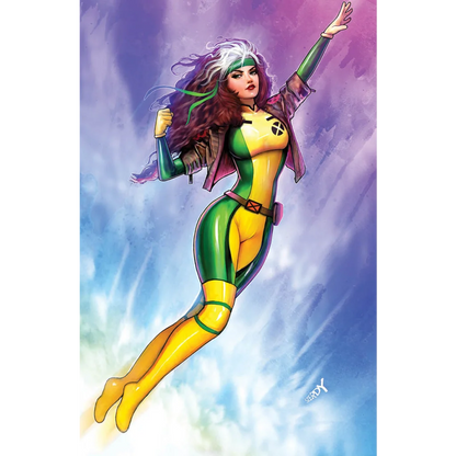 Comic book illustration of Rogue flying in her classic green and yellow costume by Nathan Szerdy