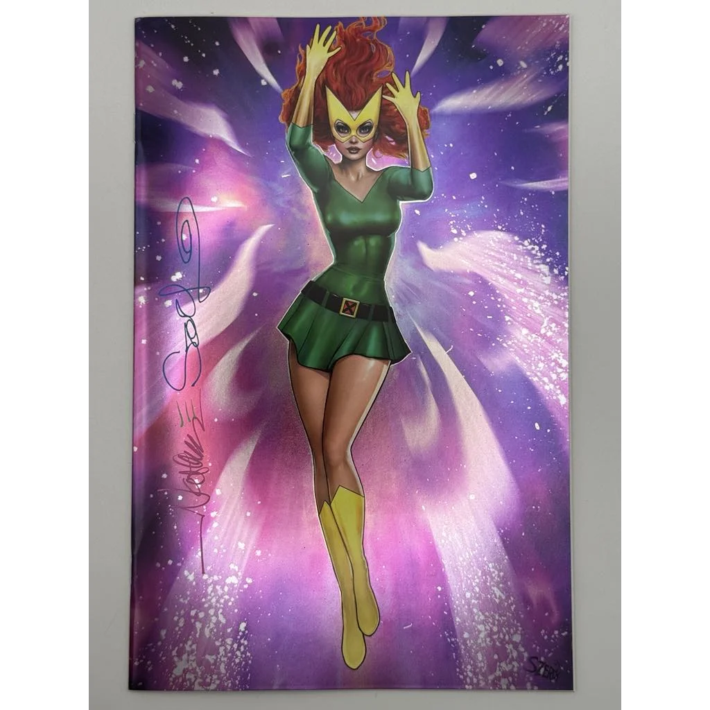 Comic book cover of Marvel Girl Virgin by Nathan Szerdy with a red-haired woman in green and yellow boots