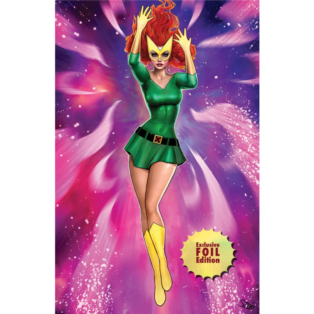 Comic book cover with Marvel Girl Virgin in green dress and yellow mask by Nathan Szerdy