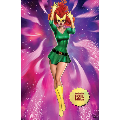 Comic book cover with Marvel Girl Virgin in green dress and yellow mask by Nathan Szerdy