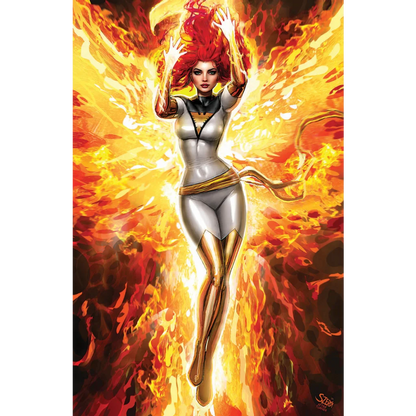 Woman with red hair in white and gold costume surrounded by fire for Nathan Szerdy Unknown Comics Exclusive Variant