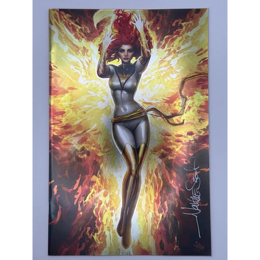 Comic book featuring female superhero in silver costume with flames by Nathan Szerdy, Unknown Comics exclusive