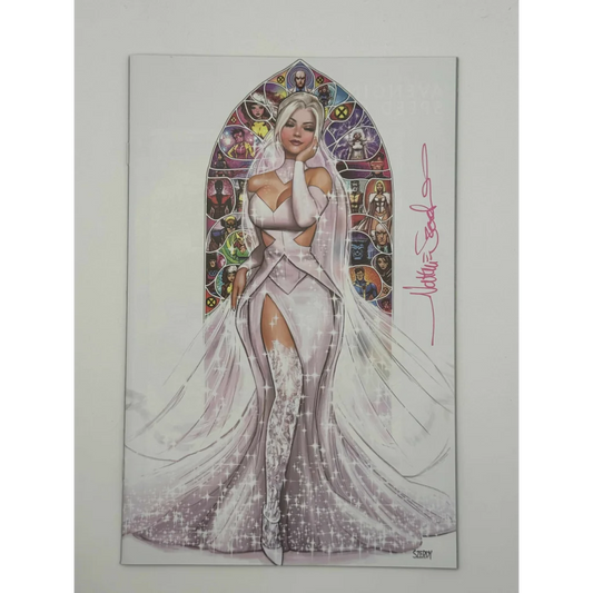 Comic book featuring a woman in a wedding dress in front of stained glass window, invincible iron man style