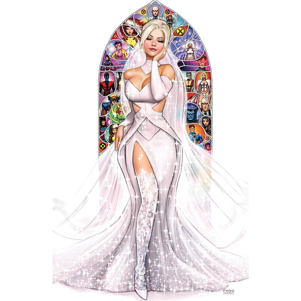 Emma Frost in wedding gown with stained glass X-Men behind, perfect for Invincible Iron Man fans