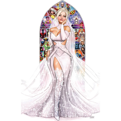 Emma Frost in wedding gown with stained glass X-Men behind, perfect for Invincible Iron Man fans