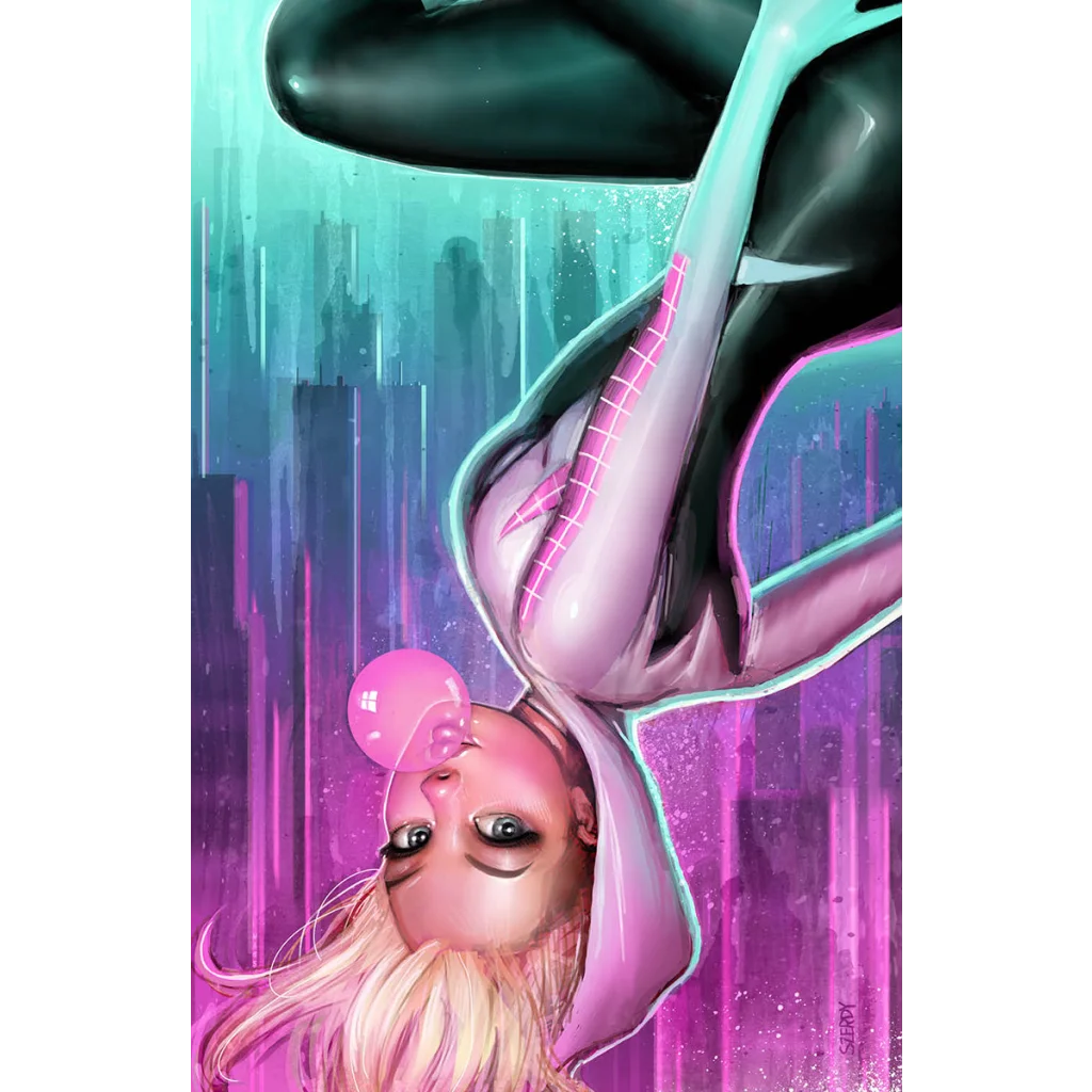 Spider-Gwen in white, black, pink suit blowing bubblegum bubble, signed Nathan Szerdy comic
